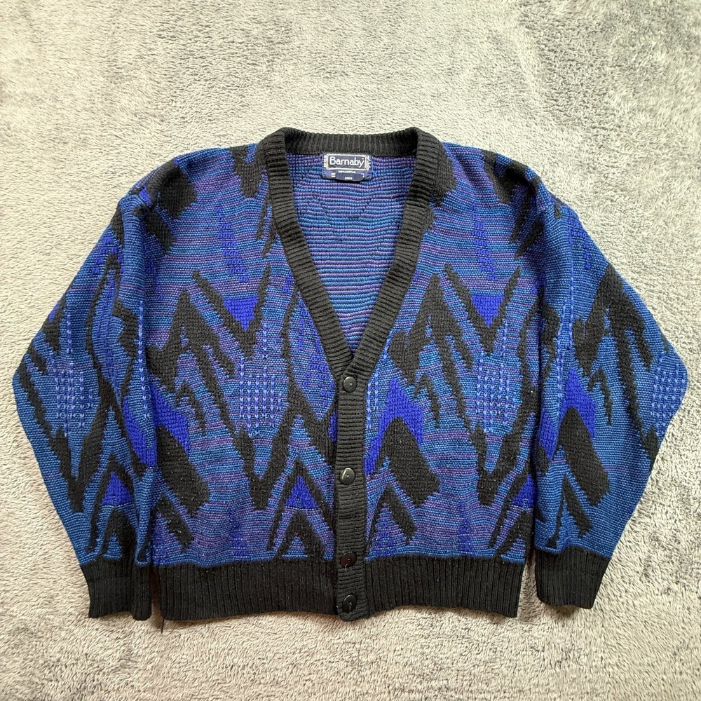 Barnaby Men's M Cardigan Sweater Blue Aztec Pattern Knit Button Up Vintage 90s